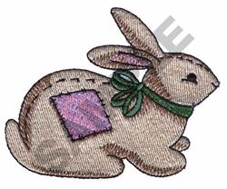 Playful rabbit with a light brown body, green bow, and purple patch, perfect for Easter decorations.