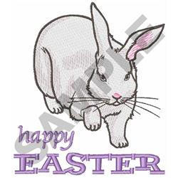 Cute rabbit in light gray with pink ears, joyfully moving below 'happy Easter' text, perfect for festive spring decor.