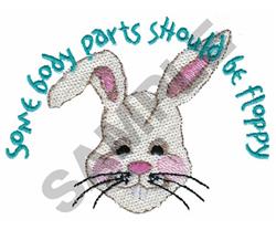 Whimsical rabbit face with pink ears and friendly expression, featuring playful text for Easter.