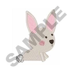 Cute cartoon rabbit with light gray fur, pink ears, and a black nose, perfect for Easter decoration.