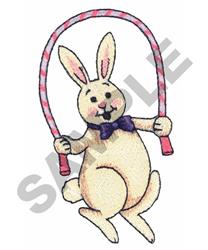 Whimsical rabbit in a bow tie joyfully grips a pink and white jump rope, perfect for Easter-themed embroidery.