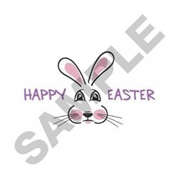 Cute cartoon rabbit with large ears and rosy cheeks, featuring 'HAPPY EASTER' text. Perfect for vibrant Easter decor.