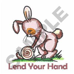 Whimsical rabbit in pink and brown hues on green grass interacts playfully with a snail for Easter.