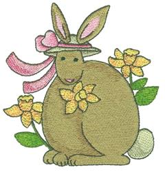 Whimsical rabbit with a pink ribboned hat, surrounded by cheerful yellow daffodils, in a vibrant spring scene.