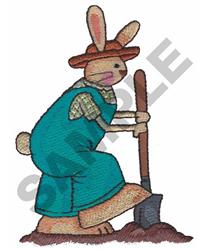 Whimsical rabbit in blue overalls and straw hat digs soil with a shovel, vibrant spring farm scene.