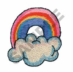 Playful rainbow arched over a fluffy cloud, featuring vibrant stripes of pink, blue, and yellow.