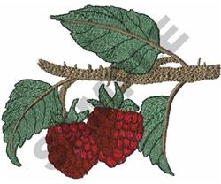 Realistic raspberries on a textured branch with lush green leaves, capturing summer's harvest charm.