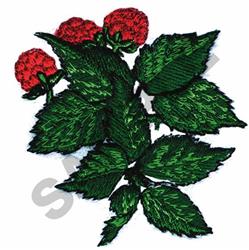 Vibrant raspberry cluster with intricate red fruit and lush green leaves, perfect for decorative embroidery.