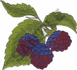 Realistic raspberry cluster with three bright red berries and vibrant green leaves, perfect for decorative projects.