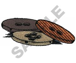 Three realistic buttons in shades of brown and beige feature two holes, showcasing detailed stitching for craft projects.
