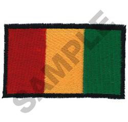 Bold flag design with three vertical stripes in red, yellow, and green, framed by a black border.