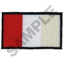 Bold rectangular flag design in red, white, and cream, featuring a thick black border; simple and striking.