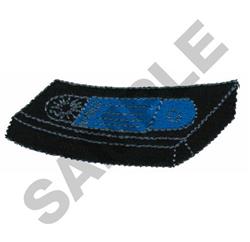 Embroidered rectangular patch with bold blue lettering on a black background, featuring a raised texture.