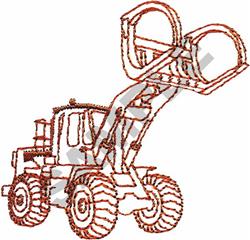 Redwork loader with oversized tires and raised arm, styled in simple line art for playful embroidery projects.