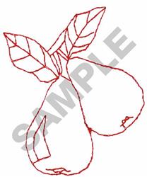 Redwork design of two stylized pears in bold red outline with elegant leaves, ideal for minimalistic embroidery.