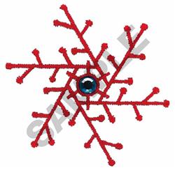 Redwork snowflake with intricate red branches and a striking black center, perfect for winter decor.