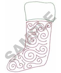Redwork stocking with swirling patterns, outlined in red and featuring a green band, perfect for holiday decor.