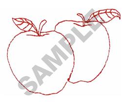 Redwork two apples with red outlines, slender stems, and single leaves in a minimalist style.