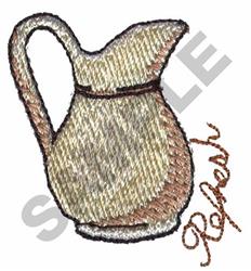 Whimsical pitcher in light beige and tan shades with a curved handle, featuring 'Refresh' embroidered in elegant script.