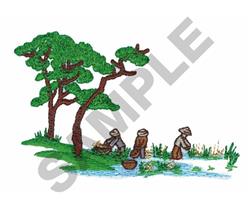 Two figures working at a river with colorful baskets, surrounded by green trees and blue water, a vibrant scene.