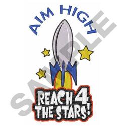 Playful rocket launching with silver nose cone and blue fins, surrounded by colorful yellow stars and ‘AIM HIGH’ text.