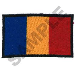 Embroidered patch of the Romanian flag, featuring vibrant blue, yellow, and red stripes outlined in black.