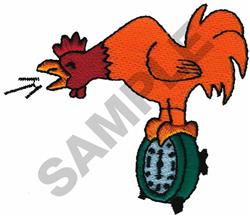 Cartoonish rooster perched on a vibrant clock, featuring orange feathers and a playful expression.