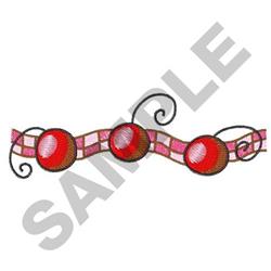 Modern decorative border with red spheres, elegant curves, and a checkered pink background.