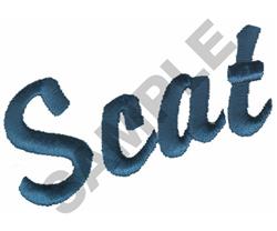 Text embroidery featuring the word 'Scat' in soft blue cursive with a playful color gradient and soft texture.