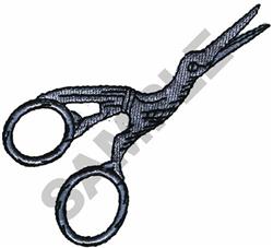 Realistic embroidery of scissors in black and gray, showcasing detailed handles and blades.