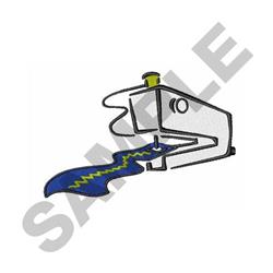 Stylized sewing machine in black and white with a vibrant blue flame and zigzag pattern, minimalistic design.