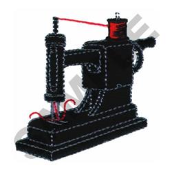 Sewing machine with a red spool of thread atop, featuring bold, simplistic design and clean lines.