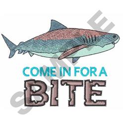 Playful shark swimming in blue and gray tones with a smile, featuring bold text 'COME IN FOR A BITE' highlighted in brown.