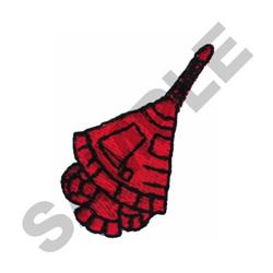 Colorful shell applique design in red with a bold black outline, featuring playful curves and shapes.