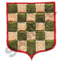 Applique shield-shaped emblem with a colorful checker pattern in green and beige squares, framed with a red border.