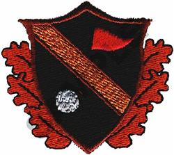Intricate shield patch featuring a bold red diagonal stripe, detailed oak leaves, and a metallic silver ball on a black backg