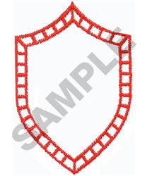 Bold shield shape with a vivid red outline and rectangle detailing at the top edge, emphasizing graphic simplicity.
