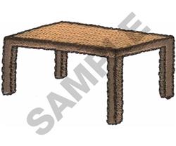 Simple rectangular table with a natural wood texture, sturdy thick legs, and rustic brown tones.
