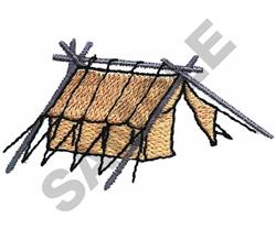 Rustic tent structure made of straw thatch and a wooden frame, showcasing earthy tones and natural textures.