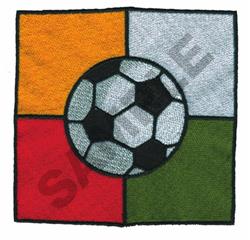 Colorful patchwork scene featuring a black and white soccer ball with vibrant orange, gray, red, and green squares.