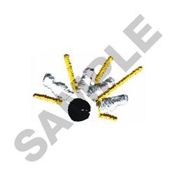 Cartoonish spider with a black body, yellow legs, and playful silver details, perfect for machine embroidery.