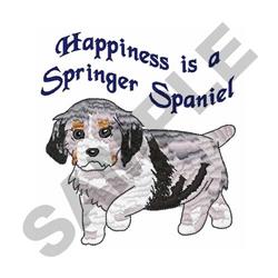 Whimsical Springer Spaniel with gray and black fur, playful text above, colorful details enhancing joyful mood.