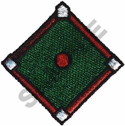 Square patch with a green background featuring a bold red border, black outlines, and a central red dot.