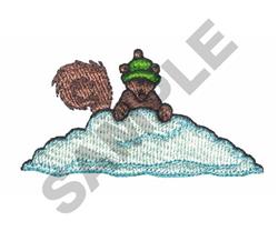 Whimsical squirrel with a green hat sits on a light blue cloud, perfect for playful embroidery.