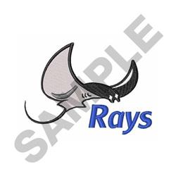 Playful stingray in muted shades with flowing lines, featuring bold blue text 'Rays' below. Perfect for kids' accessories.