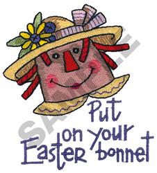 Playful straw hat Easter bonnet with a smiling face, colorful flowers, and cheerful text, perfect for festive decor.