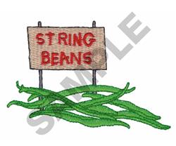 Playful sign reading 'STRING BEANS' in bold red, surrounded by vibrant green bean plants.