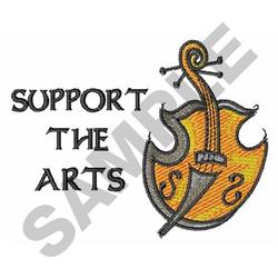 Whimsical shield featuring a bold stringed instrument in vibrant orange and black, with 'SUPPORT THE ARTS' text.