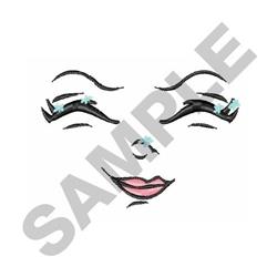 Playful stylized face with long eyelashes, delicate eyebrows, and soft pink lips in a minimalistic design.