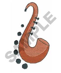 Stylized hook in warm orange and brown, surrounded by black dots, featuring a modern and minimalistic design.